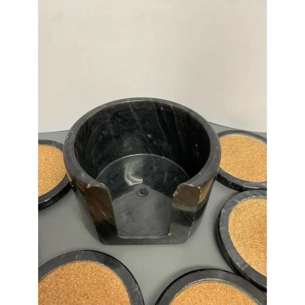 Black Marble Coaster Polo Dark Grey Cork Center Felt Bottom Set of 6 W/Holder